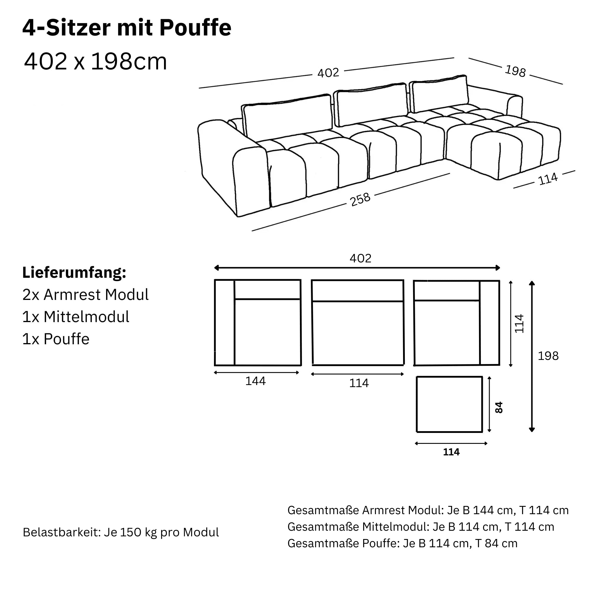 Modulares Sofa Comora (4-Sitzer) mit Pouffe