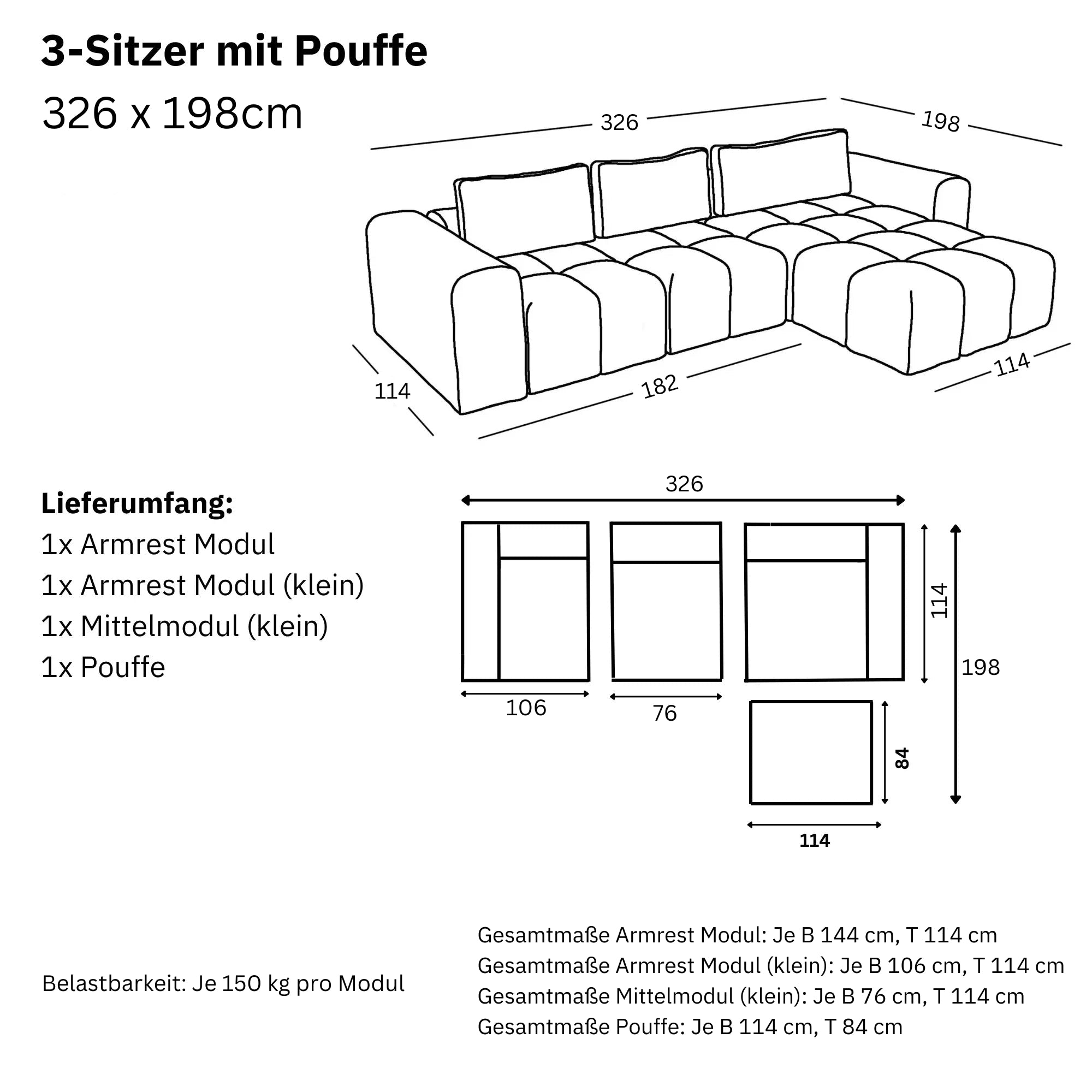 Modulares Sofa Comora (3-Sitzer) mit Pouffe